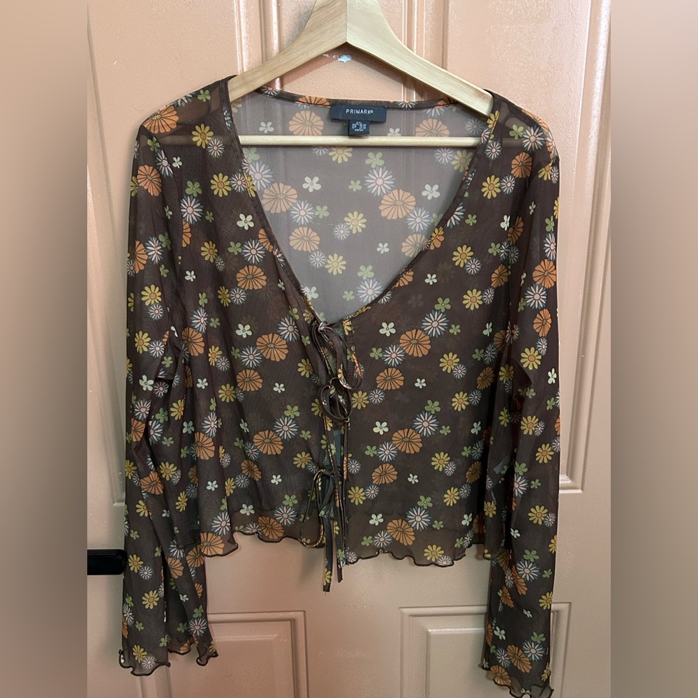 Primark sheer floral mesh tie-front long-sleeve top size 2X